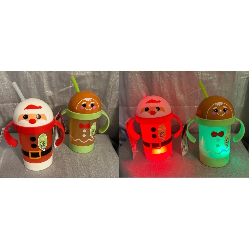 Light-Up Plastic 16oz Santa & Gingerbread Man Sippy Cups Dome Lid & Straw Handle